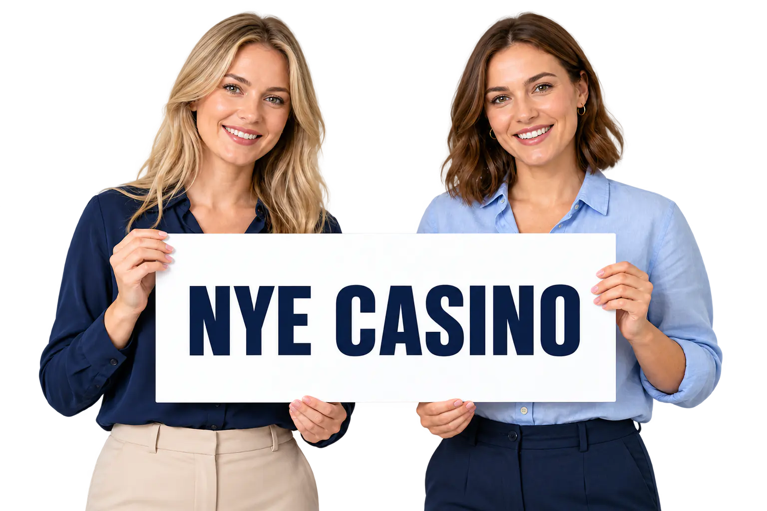 To voksne kvinner holder et skilt med teksten Nye casino